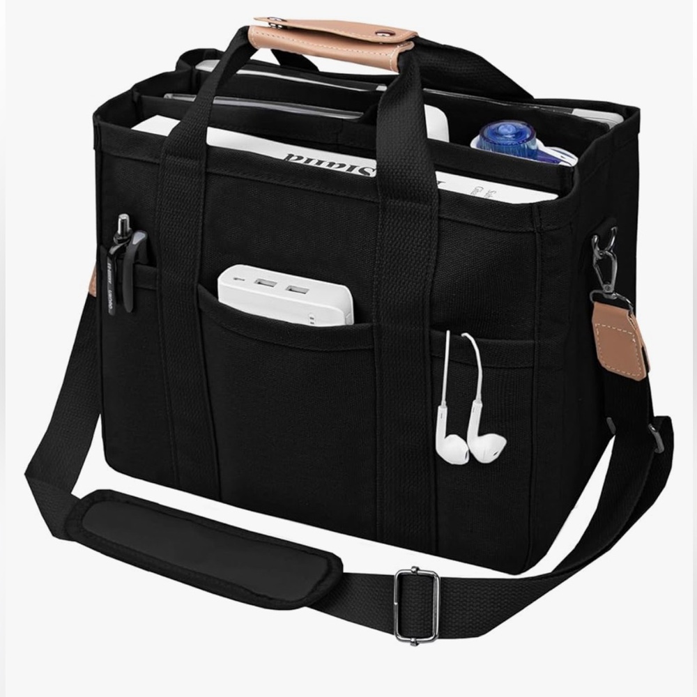 Canvas Black Tote Bag Crossbody or Top Handle Compartments Soccer Mom Work Gym